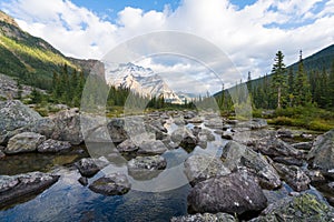 Partly sunny day with dramatic sky over Consolation Lakes in Banff National Park, Canada. Spectacular landscape of Canadian