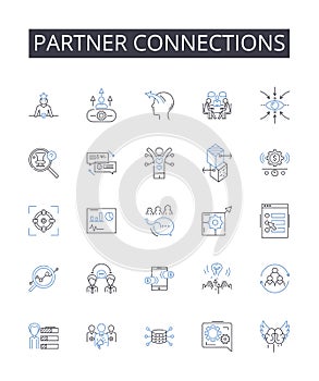 Partner connections line icons collection. Associate relationships, Collaborator nerks, Comrade bonds, Companion ties