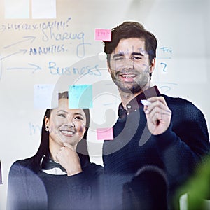 Partners, glass and writing notes for planning in office, teamwork and seo idea for solution. Business people, smile and