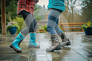 partners in waterproof boots do a jitterbug on a wet patio