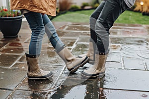 partners in waterproof boots do a jitterbug on a wet patio