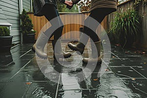 partners in waterproof boots do a jitterbug on a wet patio