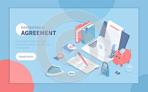 Partnership Agreement Deal Successful business concept. Online contract inspecting and signing, document with electronic signature