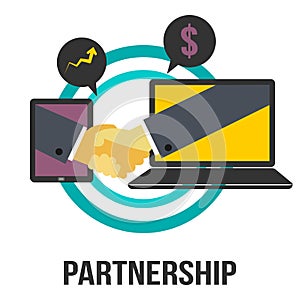 Partnership Business Concept Sign With Two Monitors And Shaking Hands