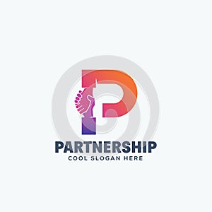 Partnership Concept. Hand Shake Incorporated in Letter P. Abstract Vector Emblem or Logo Template.