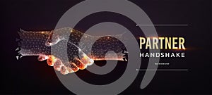 Partnership hand shake. Gold partner acquisition. Trust and cooperation. Digital business tech banner. 3D arms touch