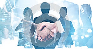 Partnership, handshake in city, business team