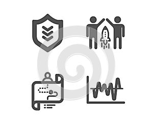 Partnership, Journey path and Shield icons. Stock analysis sign. Vector
