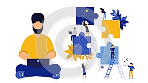 Partnership puzzle vector person business illustration teamwork concept. Piece team cooperation connect jigsaw solution together.