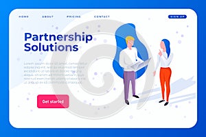 Partnership solutions web landing page concept. two employees discuss and solve a problem, seek a solution.