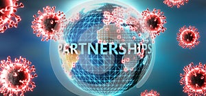 Partnerships and covid virus, symbolized by viruses and word Partnerships to symbolize that corona virus have gobal negative photo