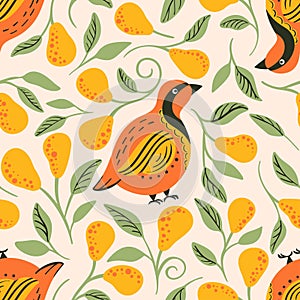Partridge and pear tree seamless vector pattern. Christmas bird background