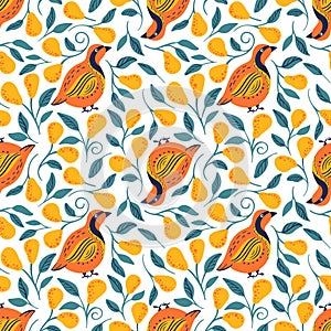 Partridge and pear tree seamless vector pattern on white background. Christmas bird background