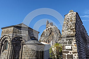 Parts of the Chapel Saint Clair d Aiguilhe and the famous Saint-Michel d Aiguilhe rock is at background. Le Puy-en-Velay in Haute-