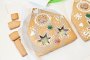 Parts of Christmas gingerbread house. Handmade. Christmas gingerbread house. Fresh baked