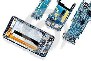 Parts of disassembled cell phone on white background top view copyspace