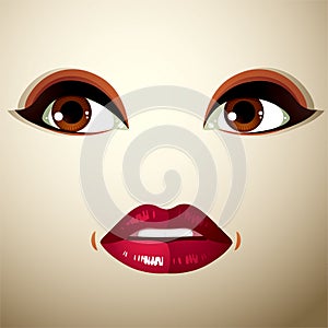 Parts of the face of a young beautiful lady with a bright make-up, lips and eyes. People facial expression, surprised and shocked