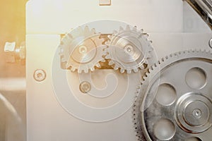 Parts of gear system , Close up of mechanical heavy steel metal wheel cog. Concept business idea. gears , cooperation and