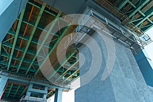 Parts of a modern metal bridge in close-up against a blue sky background. Metal structures connected by large bolts and nuts to a