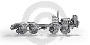 Parts truck suspension with engine cooling radiator side view 3d illustration on white background with shadow
