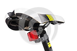 Parts of yellow bicycle on a studio white background. Close up details