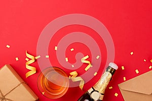 Party attributes fly out from botle of champagne wine on red background