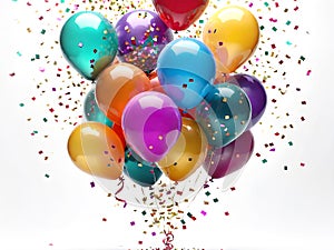 Party background with balloons and confetti isolated on white background