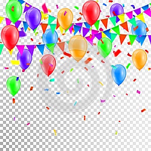 Party Background with balloons and Flags Vector, Colored confetti and festoons on transparent background