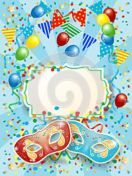 Party background with carnival masks, label, balloon and festoon