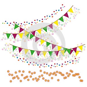 Party background with colorful garlands and confetti. Vector illustration. EPS 10.