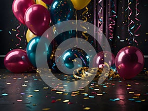 party background with colourful balloons,streamers, lights and confetti, with bright colours.