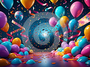 party background with colourful balloons,streamers, lights and confetti, with bright colours.