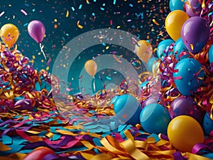 party background with colourful balloons,streamers, lights and confetti, with bright colours.