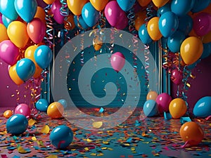 party background with colourful balloons,streamers, lights and confetti, with bright colours.