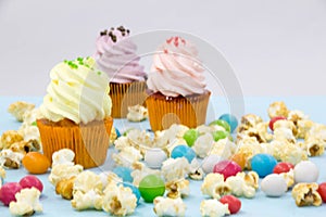 Party background with cupcakes and confetti