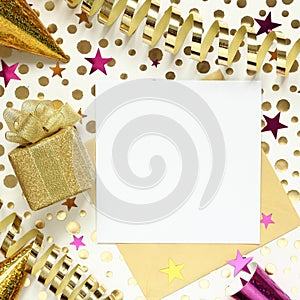 Party background with gift box, gold and purple confetti, serpentine and empty paper for text