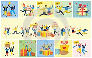 Party background. Happy group of people jumping on a bright background. The concept of friendship, healthy lifestyle