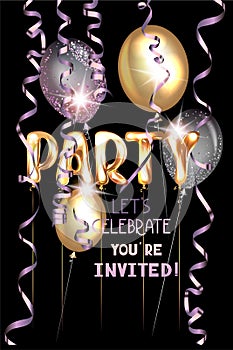 Party background with letters shaped air balloons, shiny serpentine.