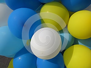 Party balloons in blue, white and yellow. Celebrating a birthday or wedding.