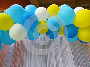 Party balloons in blue, white and yellow. Celebrating a birthday or wedding.