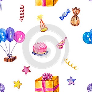 Party balloons, cake, presents and confetti in a seamless pattern.