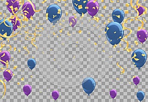 Party balloons and confetti. Realistic vector illustration. Festive background