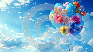 Party balloons and flowers flying in the sky on bright cloudy background