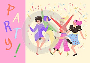 Party banner or invitation design with dancing women, flat vector illustration.