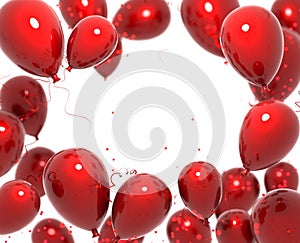 Party banner with red balloons on white background and place for text. Happy birthday cards design. Festive or present