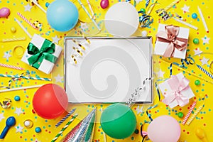 Party or birthday background. Silver frame with balloon, gift, carnival cap, confetti, candy and streamer. Holiday mockup.
