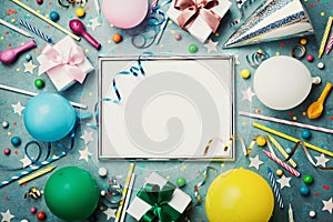 Party or birthday background. Silver frame with colorful balloon, gift box, carnival cap, confetti, candy and streamer.