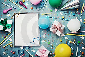 Party or birthday background. Silver frame with colorful balloon, gift box, carnival cap, confetti, candy and streamer.