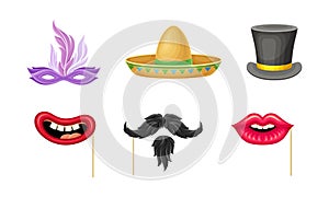 Party Birthday Photo Booth Prop with Moustache and Sombrero Hat Vector Set