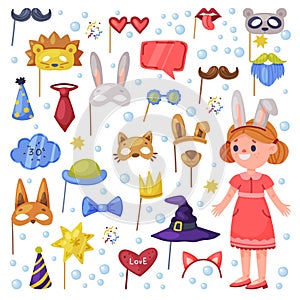 Party Birthday Photo Booth Props and Happy Little Girl Vector Set